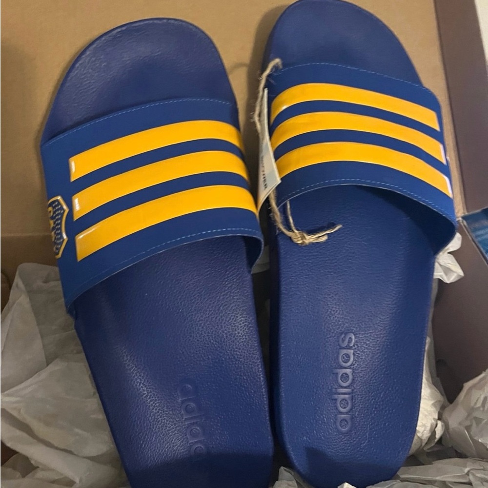 Adidas Royal Blue Slides with Yellow Stripes Boca Juniors Adilettes